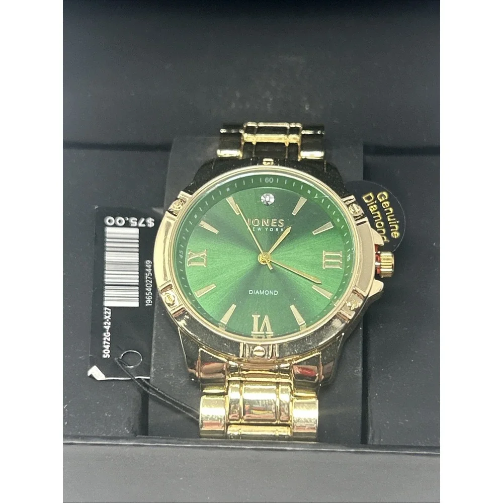 NIB Jones New York Diamond Collection Gold Tone Green Face Genuine Diamond